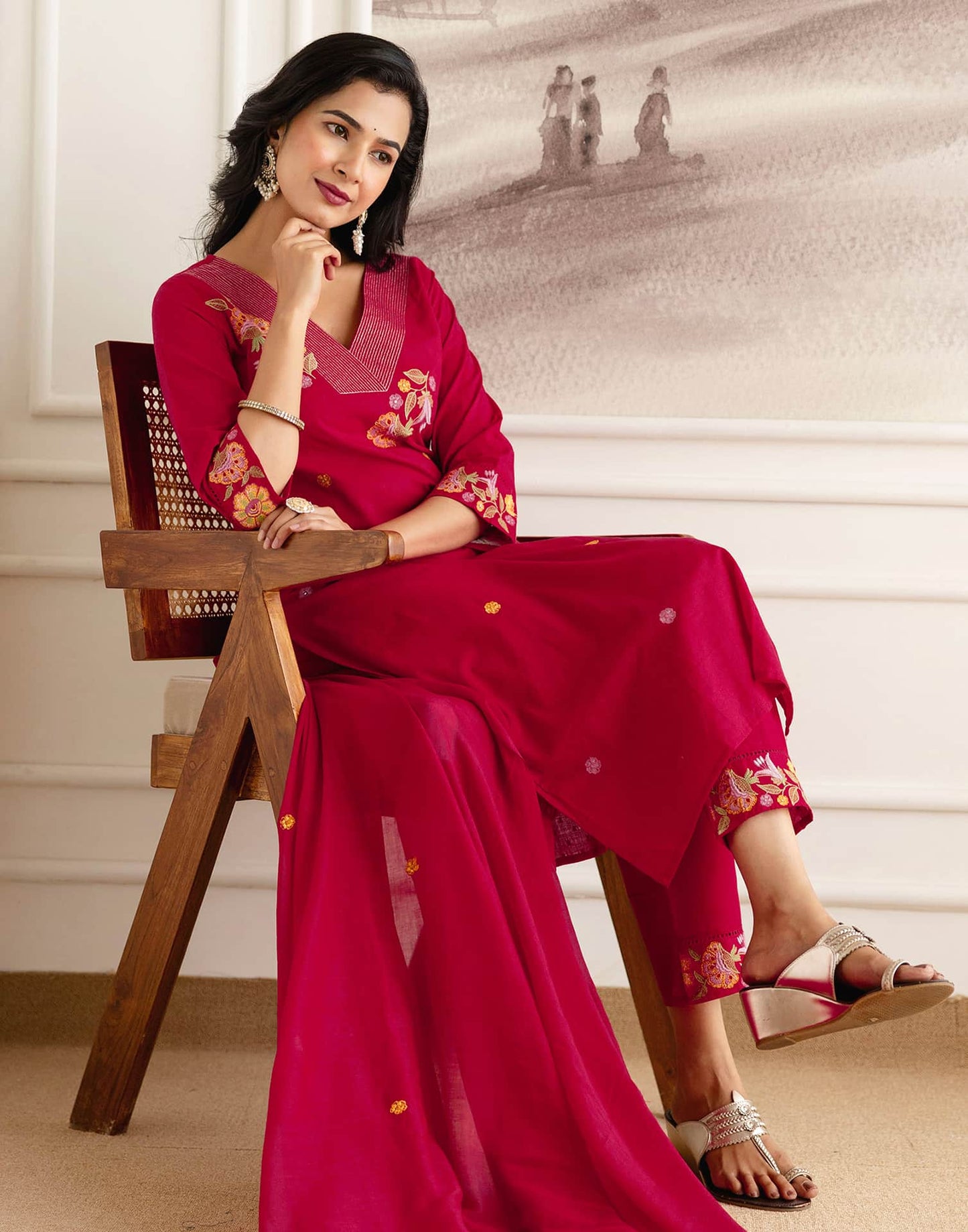 Red Cotton Embroidered Straight Kurta Set with Pant & Dupatta Affordable V-Neck Ethnic Kurti for Office