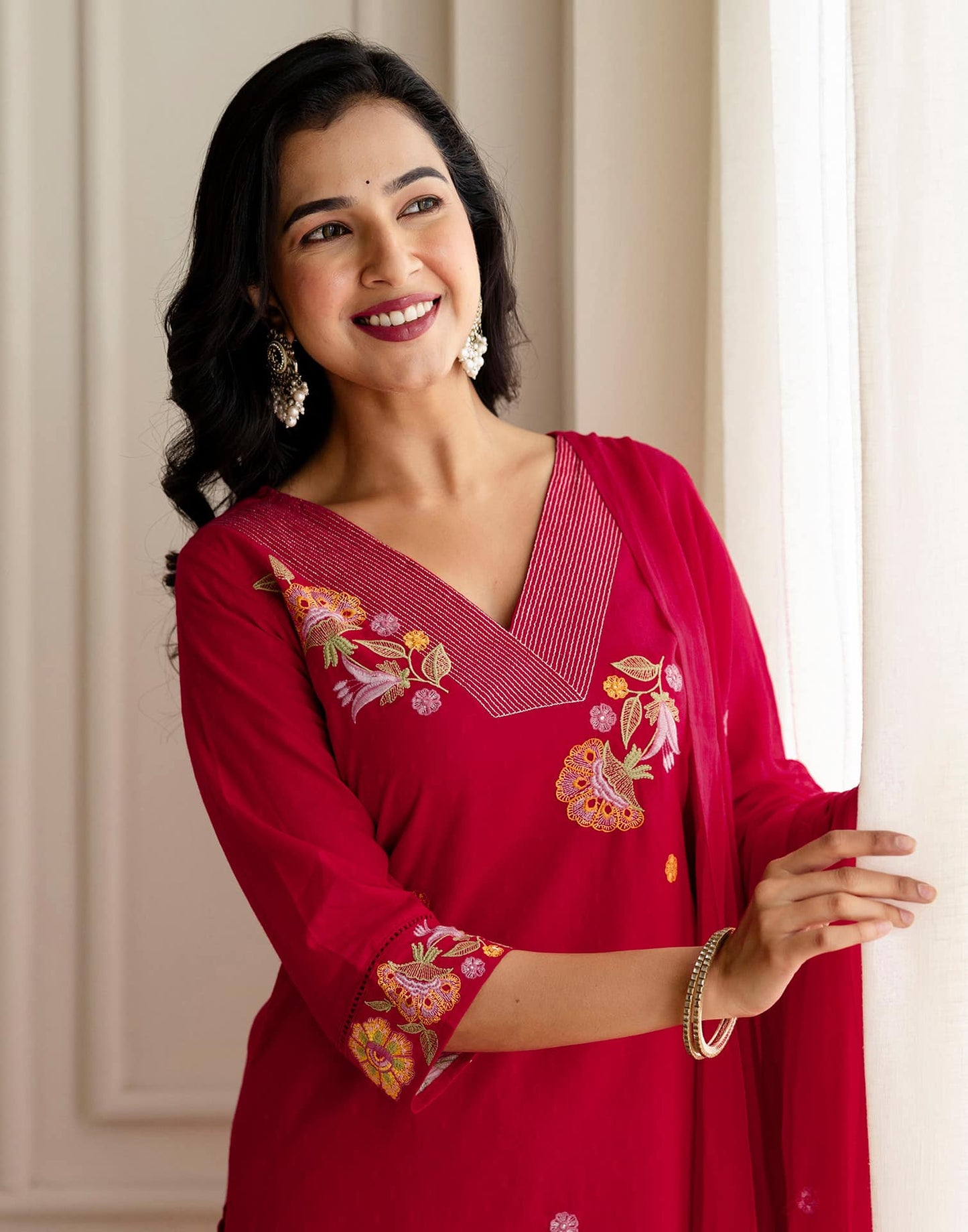 Red Cotton Embroidered Straight Kurta Set with Pant & Dupatta Affordable V-Neck Ethnic Kurti for Office