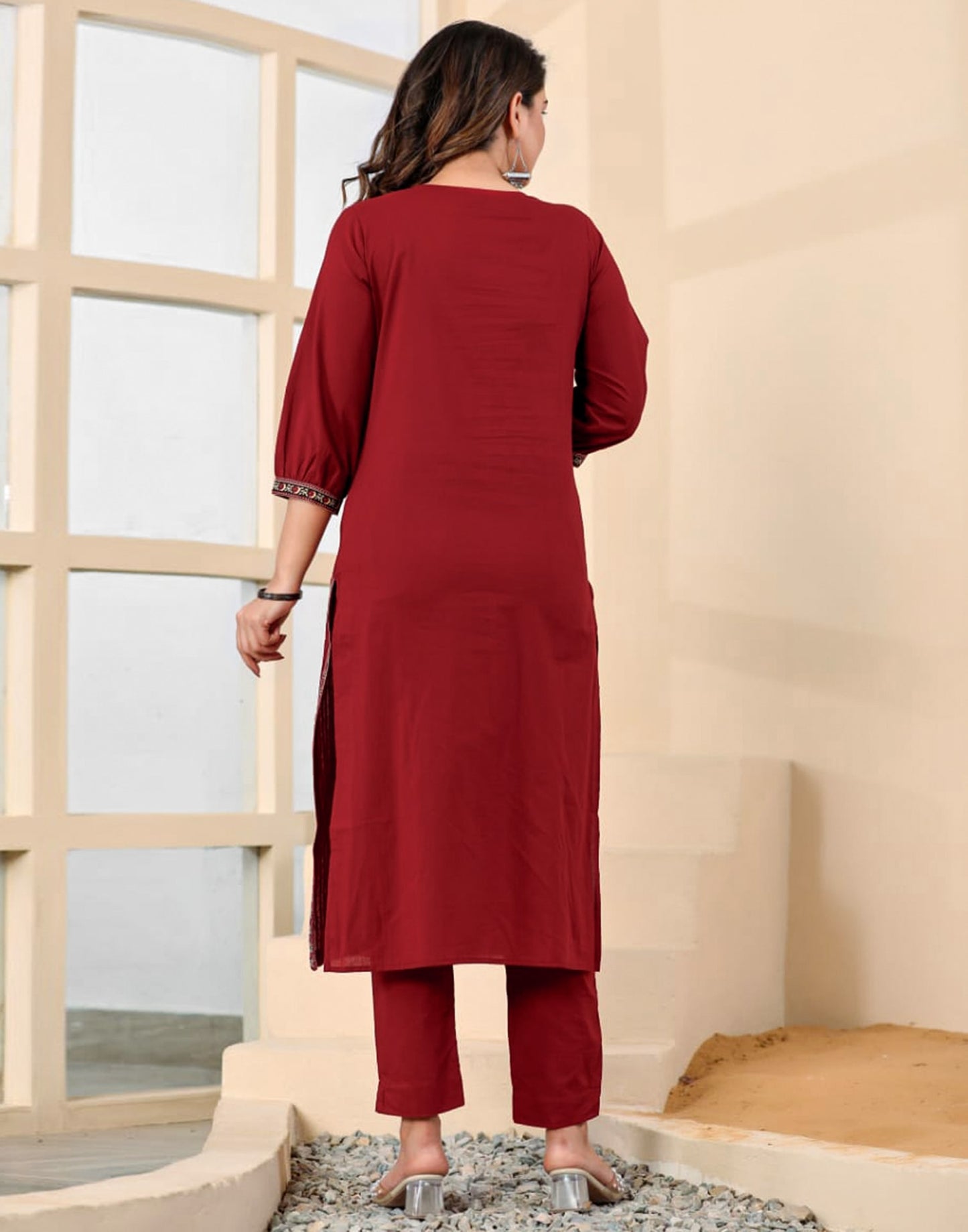 Maroon Cotton Printed Straight Kurta Set with Pant & Dupatta