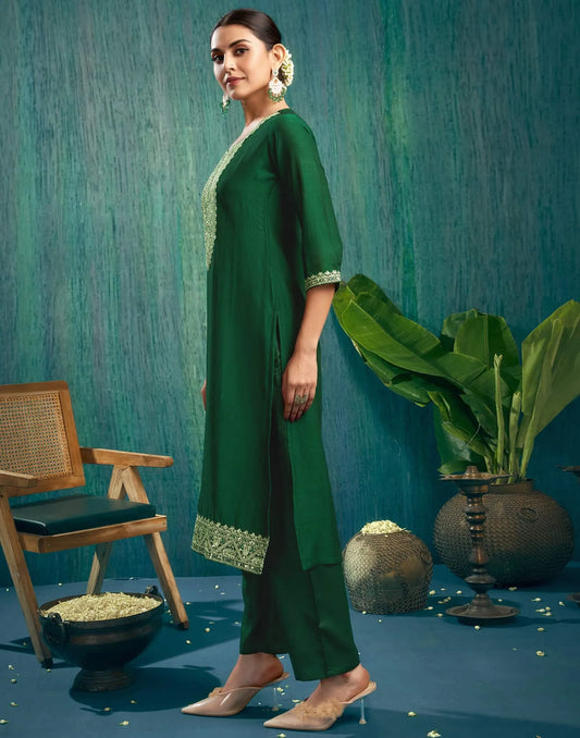 Silk Blend Embroidered Straight Kurta with Pant & Dupatta