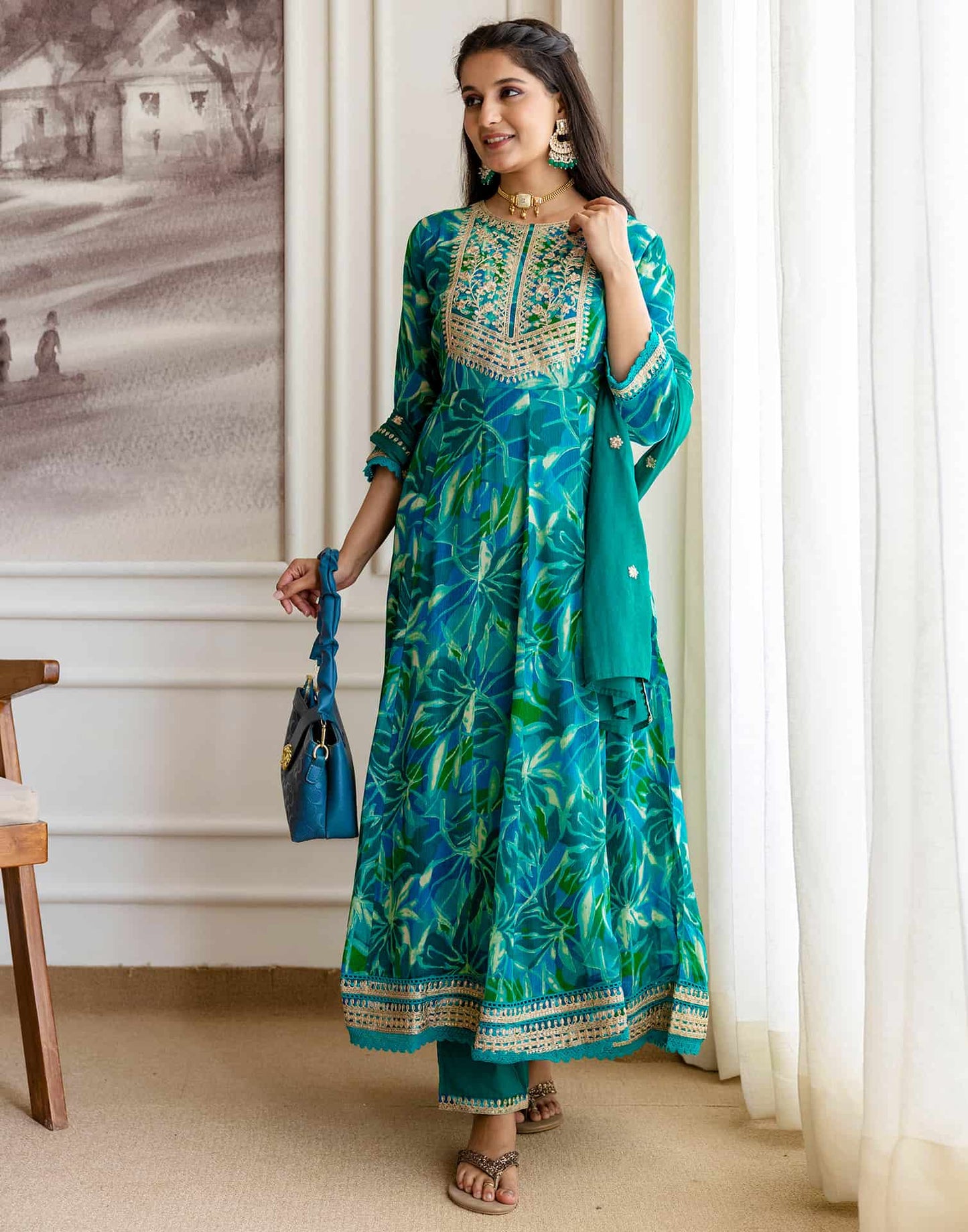 Blue Silk Printed Anarkali Kurta Set with Pant & Dupatta Affordable Ethnic Wear for Festive & Wedding