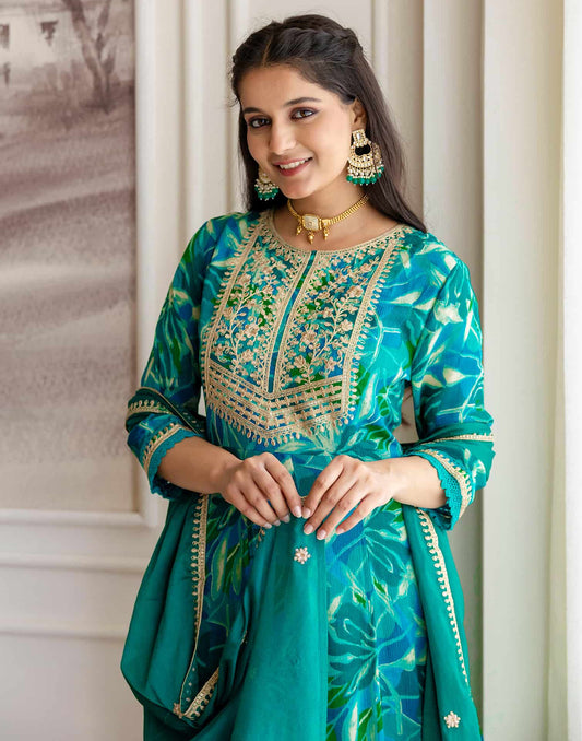 Blue Silk Printed Anarkali Kurta Set with Pant & Dupatta Affordable Ethnic Wear for Festive & Wedding