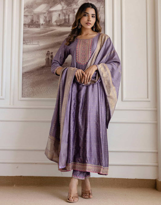 Purple Silk Printed Anarkali Kurta Set with Pant & Dupatta for Women Affordable Embroidered Festive Wear