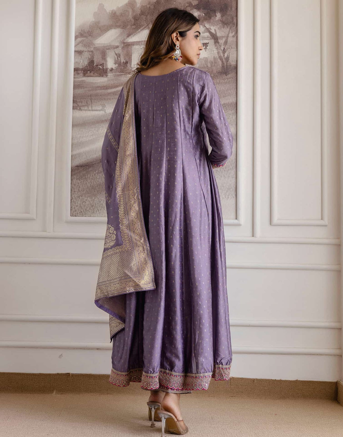 Purple Silk Printed Anarkali Kurta Set with Pant & Dupatta for Women Affordable Embroidered Festive Wear