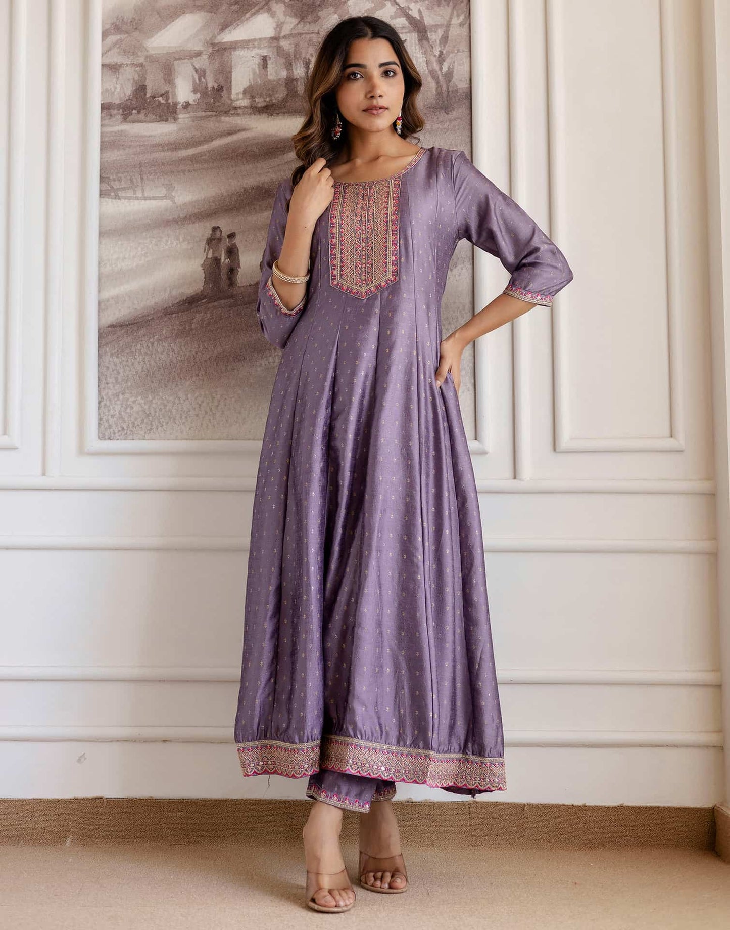 Purple Silk Printed Anarkali Kurta Set with Pant & Dupatta for Women Affordable Embroidered Festive Wear