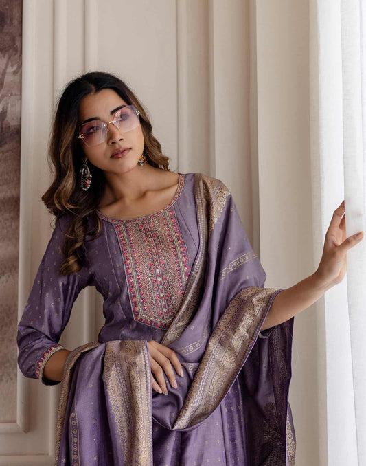 Purple Silk Printed Anarkali Kurta Set with Pant & Dupatta for Women Affordable Embroidered Festive Wear