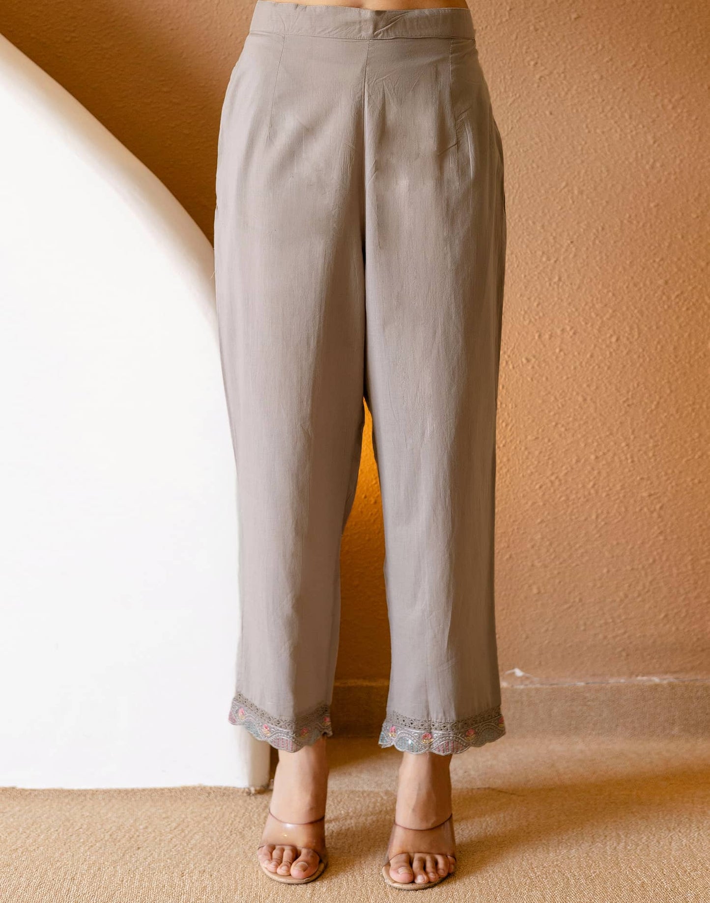 Grey Silk Embroidered Straight Kurta Set with Pant & Dupatta for Women Festive & Wedding Wear