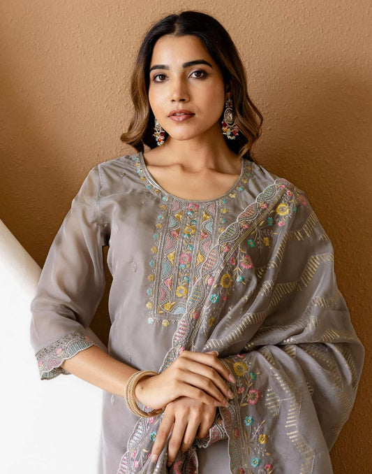 Grey Silk Embroidered Straight Kurta Set with Pant & Dupatta for Women Festive & Wedding Wear