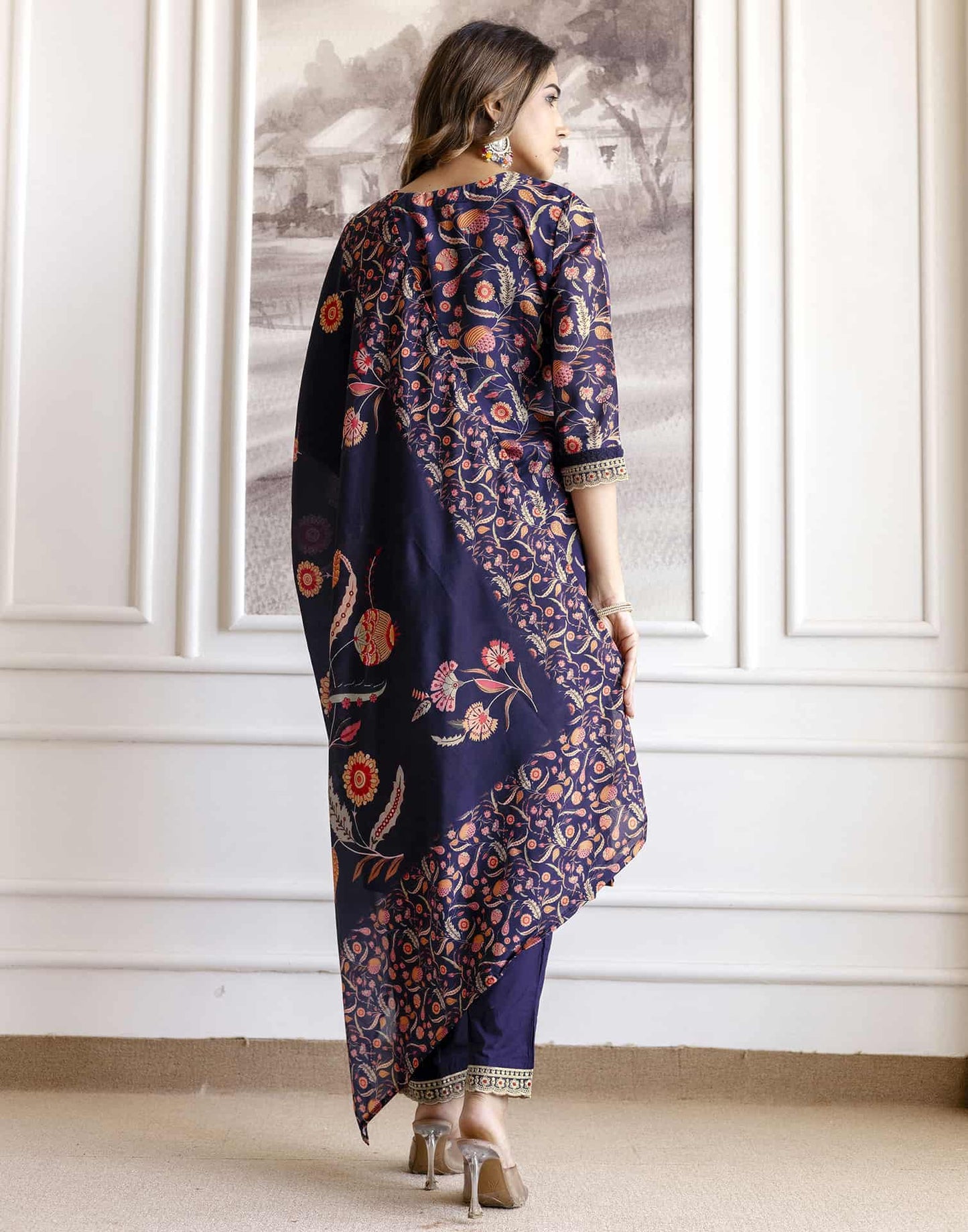 Blue Cotton Printed Straight Kurta Set with Pant & Dupatta for Women under 1299