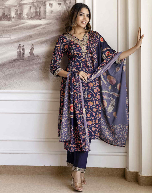 Blue Cotton Printed Straight Kurta Set with Pant & Dupatta for Women under 1299