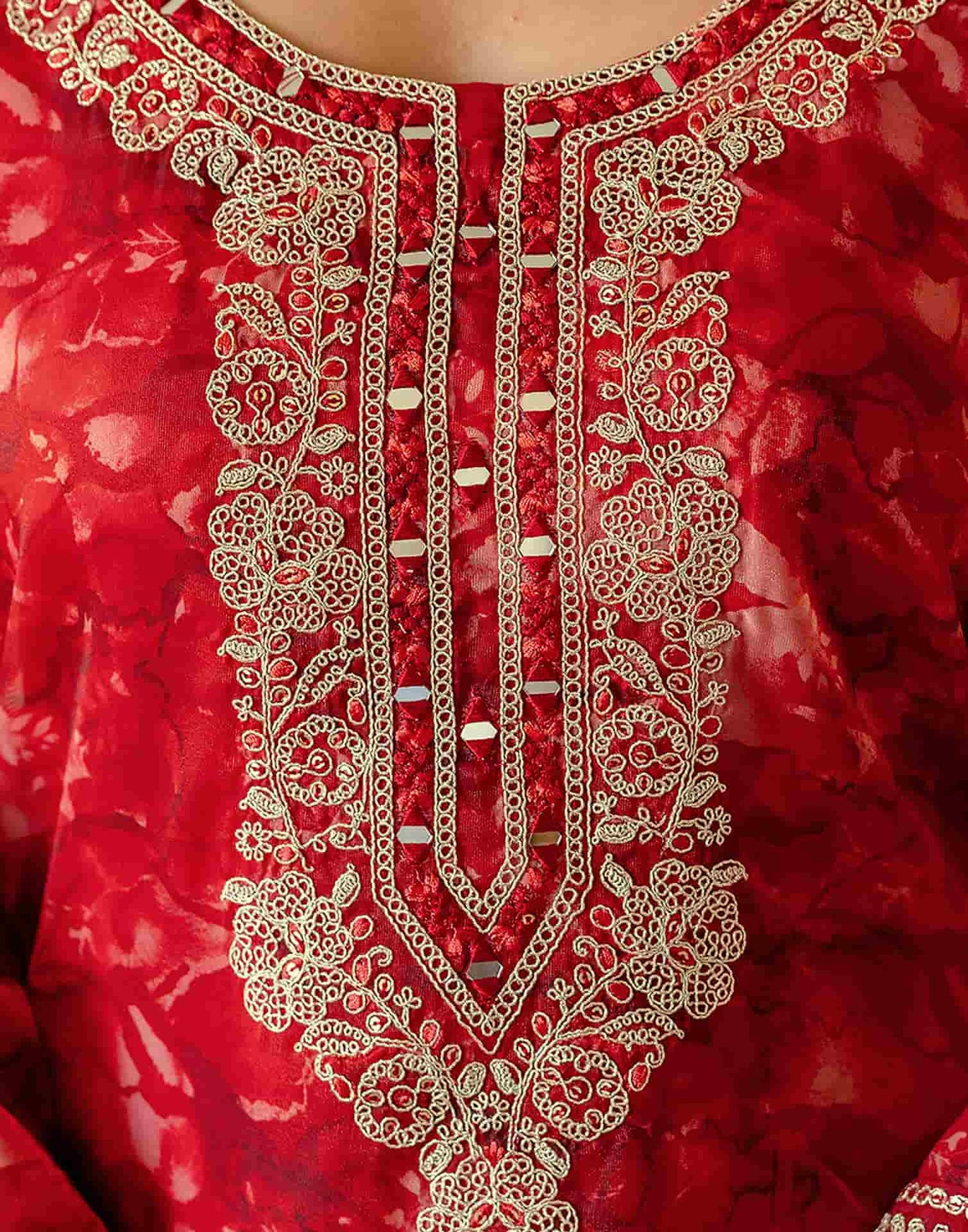 Red Organza Printed Straight Kurta Set with Pant & Dupatta for Women Festive & Karwa Chauth Special