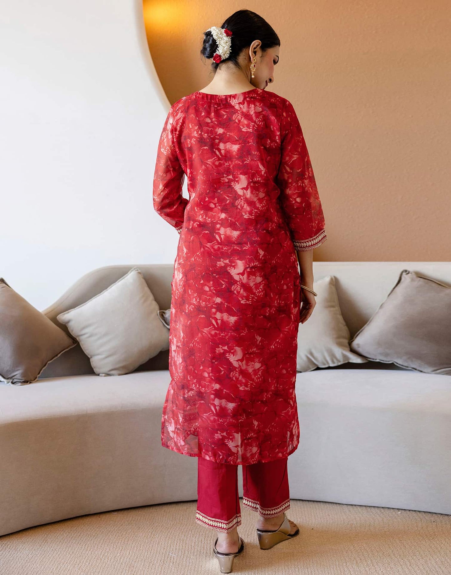 Red Organza Printed Straight Kurta Set with Pant & Dupatta for Women Festive & Karwa Chauth Special