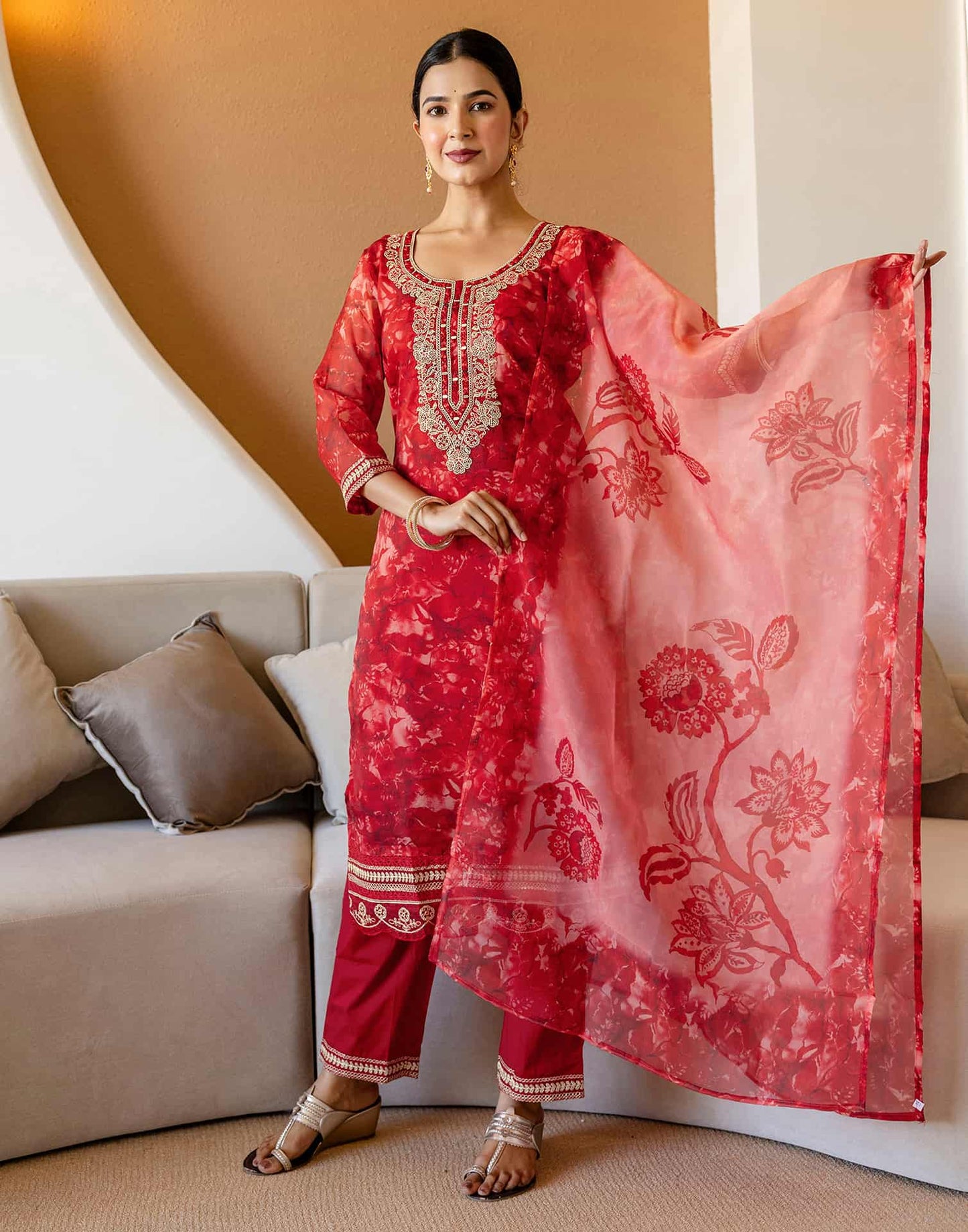 Red Organza Printed Straight Kurta Set with Pant & Dupatta for Women Festive & Karwa Chauth Special