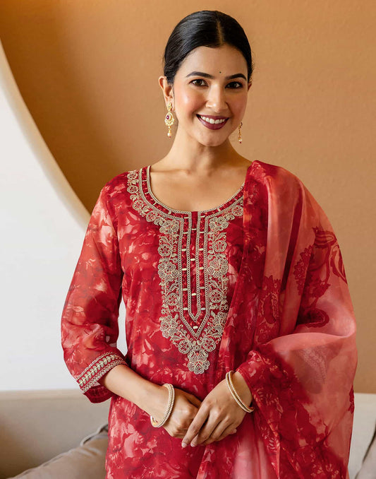 Red Organza Printed Straight Kurta Set with Pant & Dupatta for Women Festive & Karwa Chauth Special