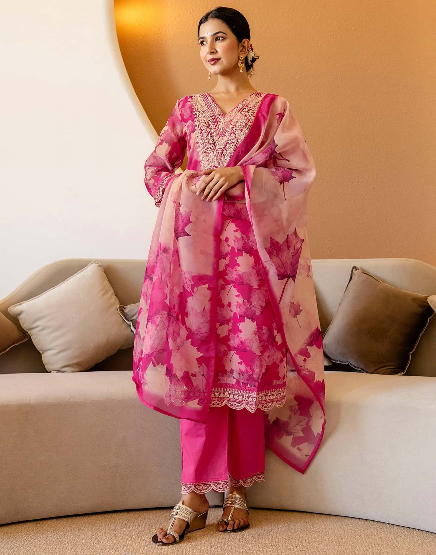 Pink Organza Printed Straight Kurta Set with Pant and Dupatta under 1299