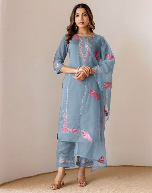 Grey Silk Embroidered Straight Kurta Set with Pant & Dupatta under 1299