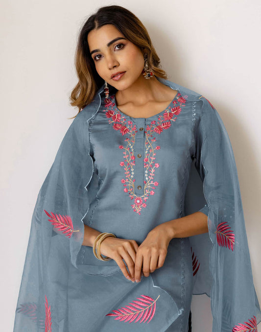 Grey Silk Embroidered Straight Kurta Set with Pant & Dupatta