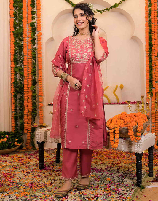 Pink Silk Embroidered Straight Kurta Set with Pant & Dupatta for Women under 1299