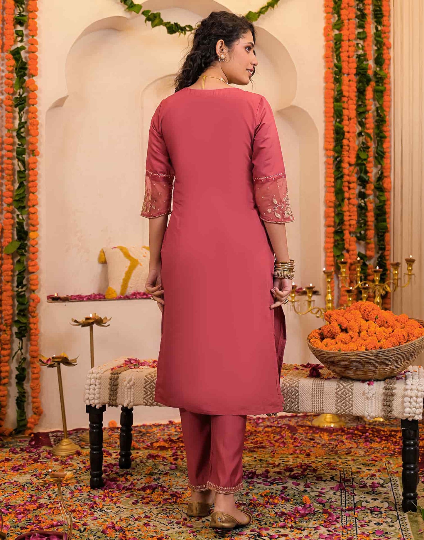 Pink Silk Embroidered Straight Kurta Set with Pant & Dupatta for Women under 1299