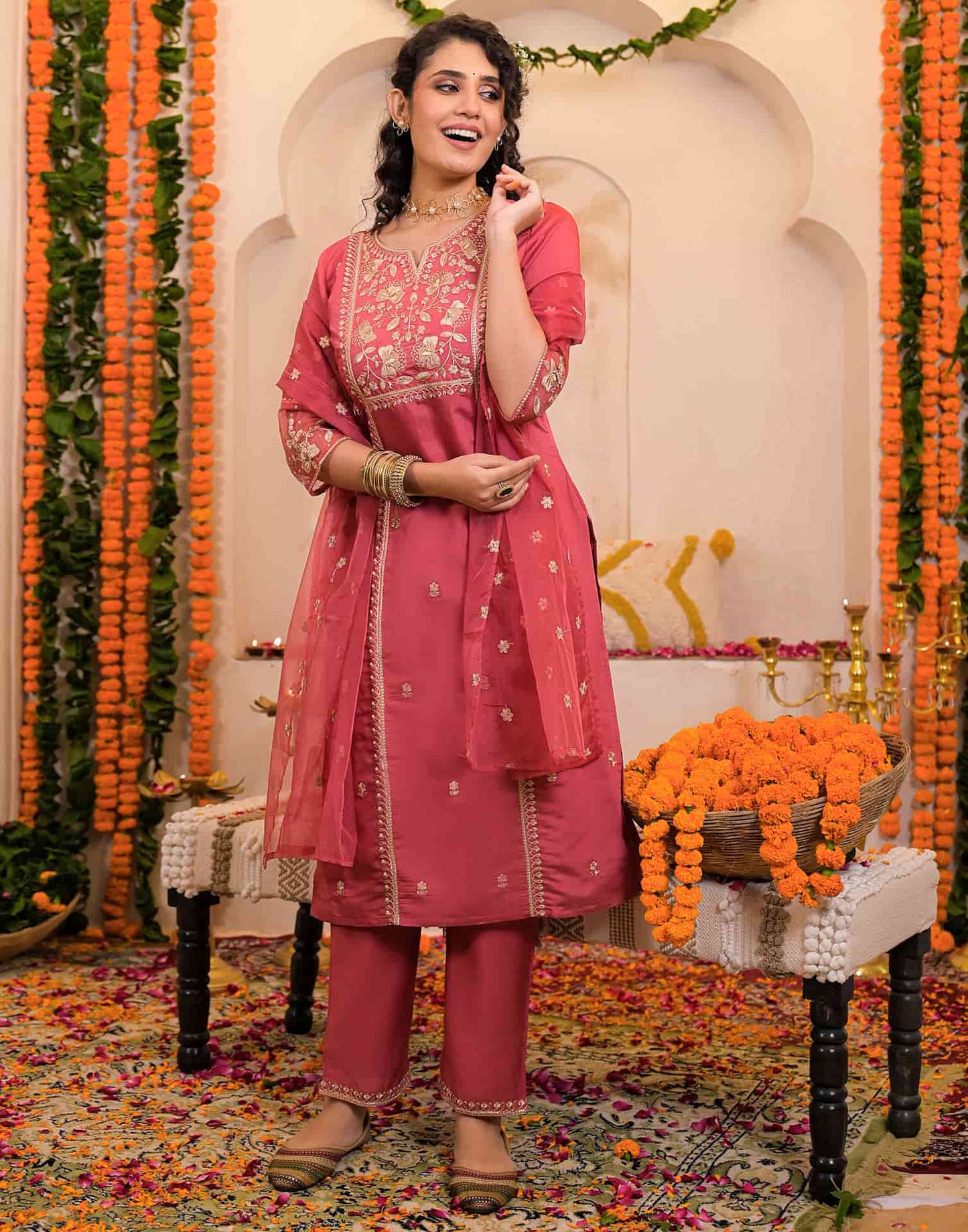 Pink Silk Embroidered Straight Kurta Set with Pant & Dupatta for Women under 1299
