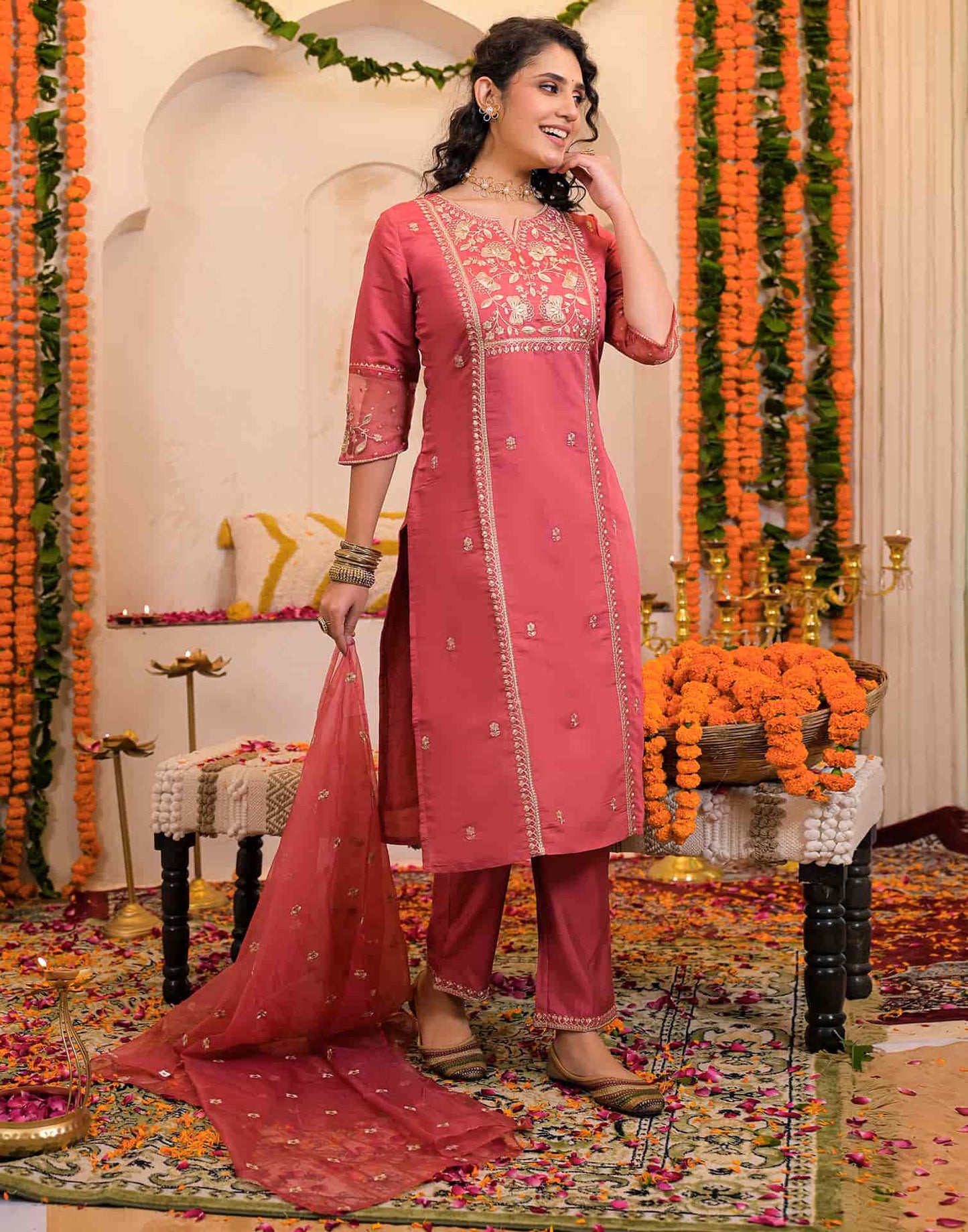 Pink Silk Embroidered Straight Kurta Set with Pant & Dupatta for Women under 1299