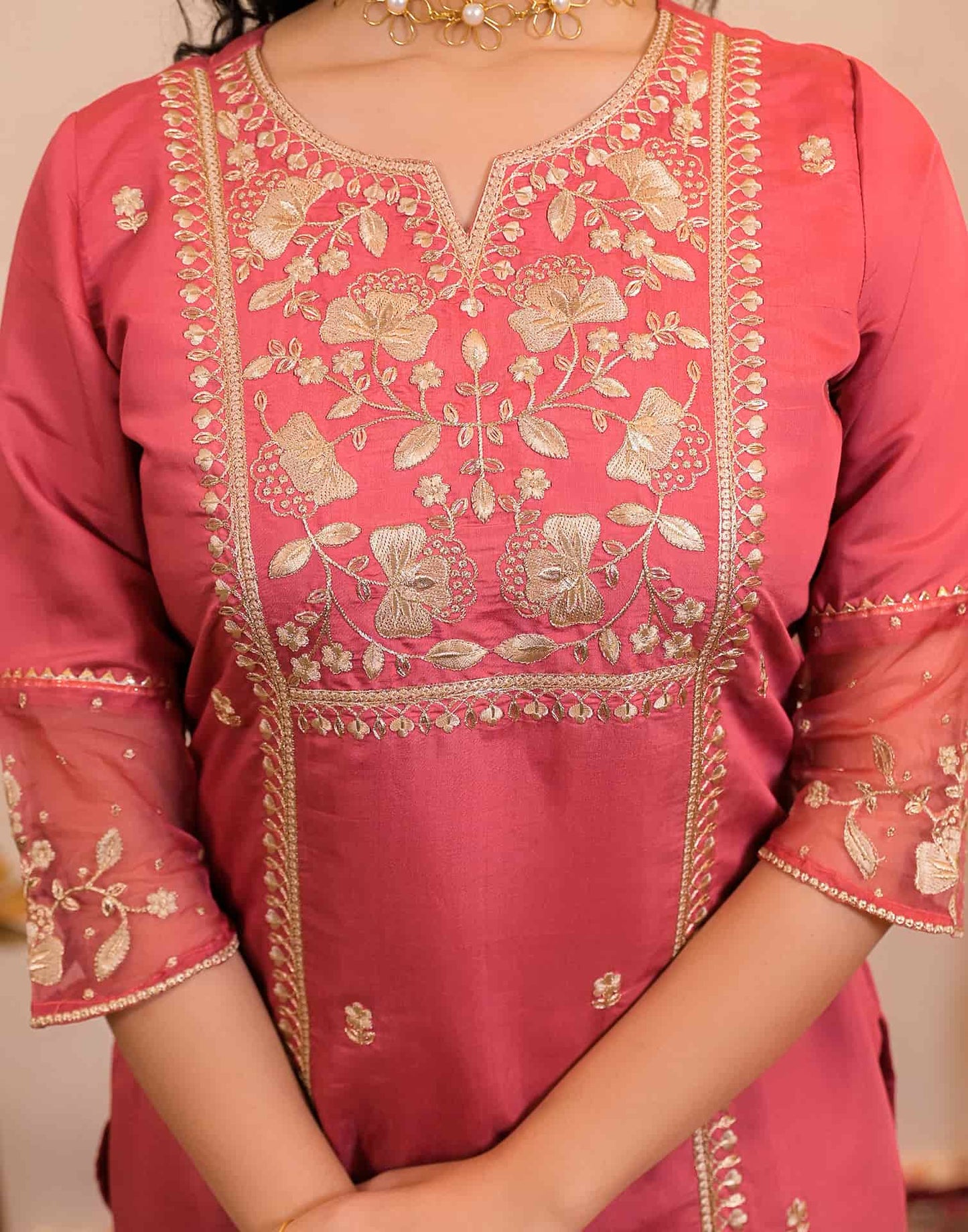 Pink Silk Embroidered Straight Kurta Set with Pant & Dupatta for Women under 1299