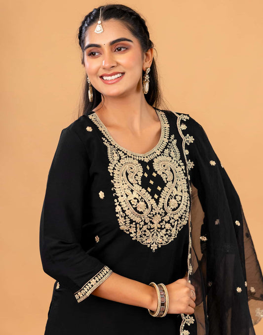 Silk Straight Embroidery Round Neck Kurta with Pant & Dupatta