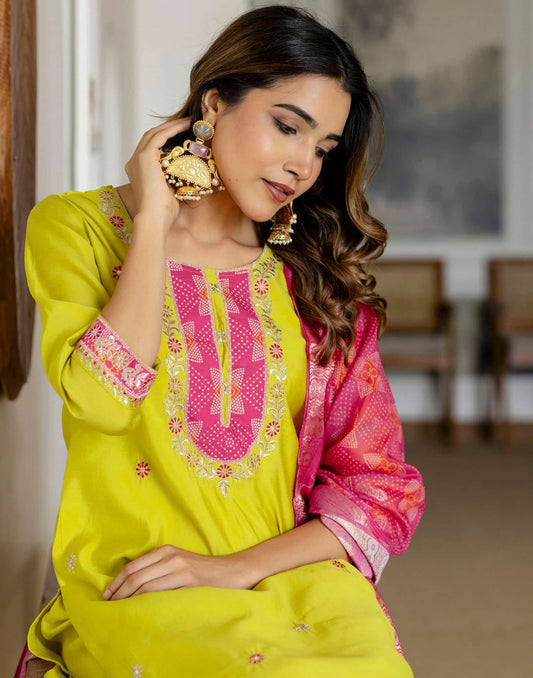 Yellow Silk Embroidered Straight Kurta Set with Pant & Dupatta under 1299