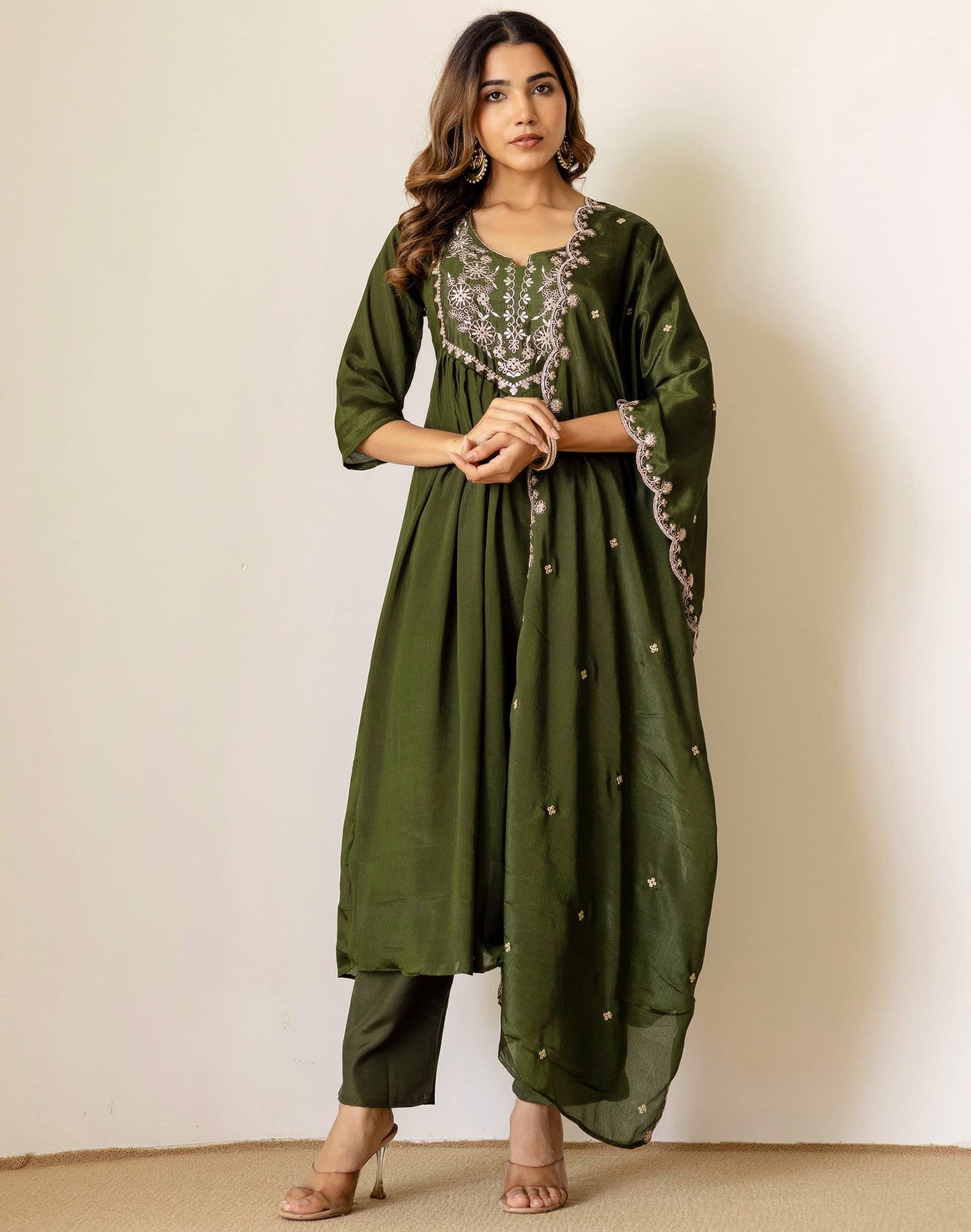 Green Silk Sequin Anarkali Kurta Set with Pant & Dupatta under 1299