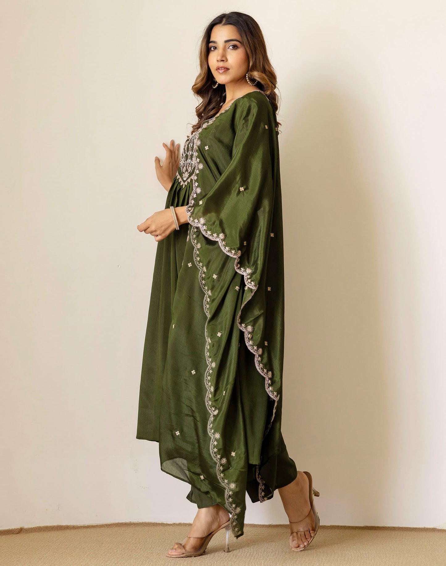 Green Silk Sequin Anarkali Kurta Set with Pant & Dupatta under 1299