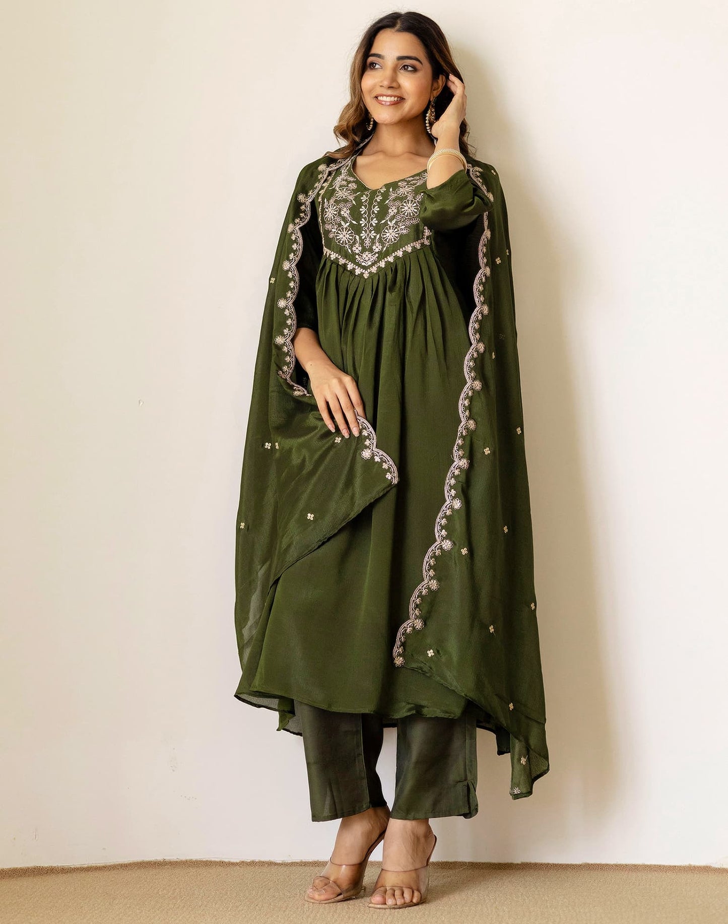 Green Silk Sequin Anarkali Kurta Set with Pant & Dupatta under 1299
