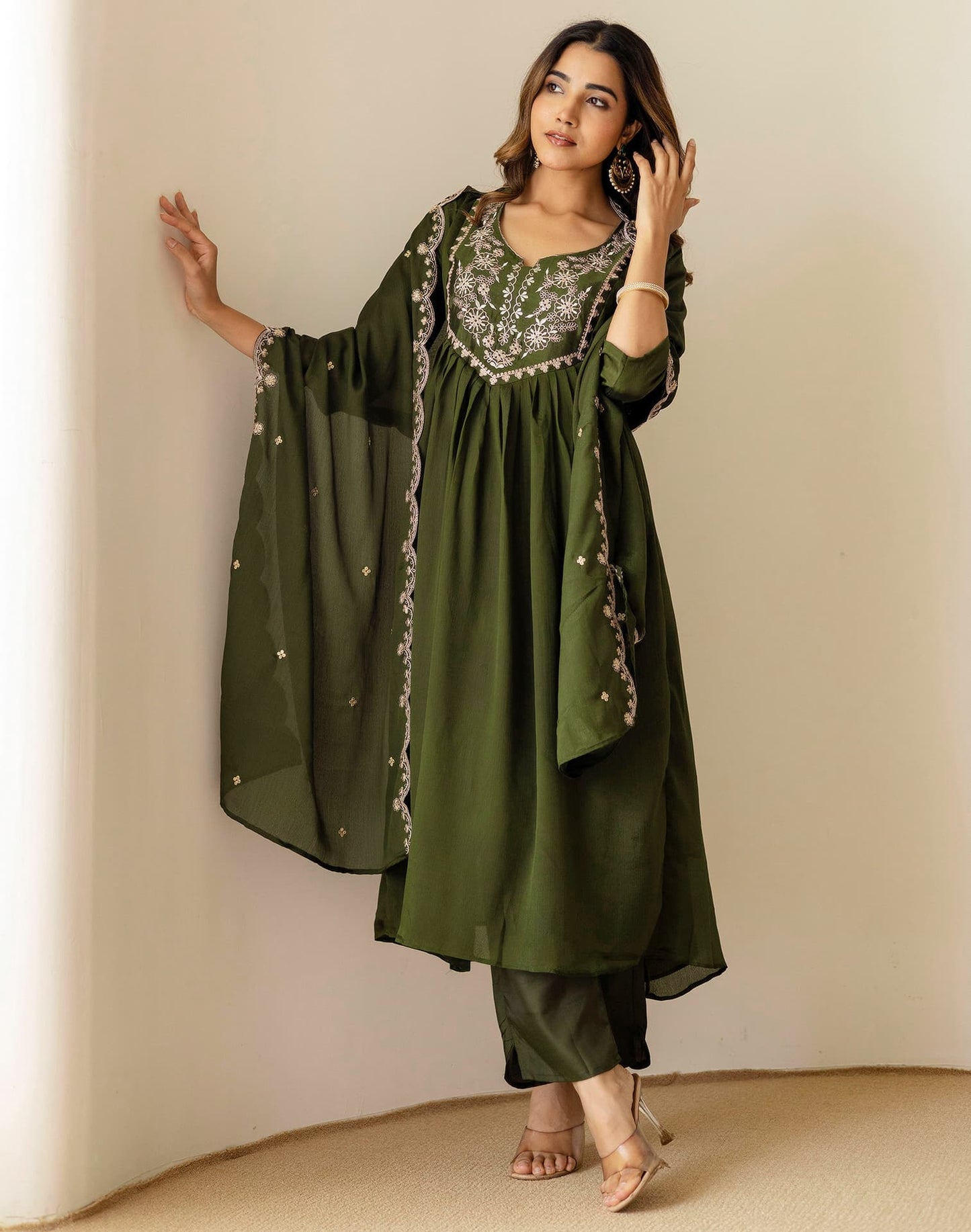 Green Silk Sequin Anarkali Kurta Set with Pant & Dupatta under 1299