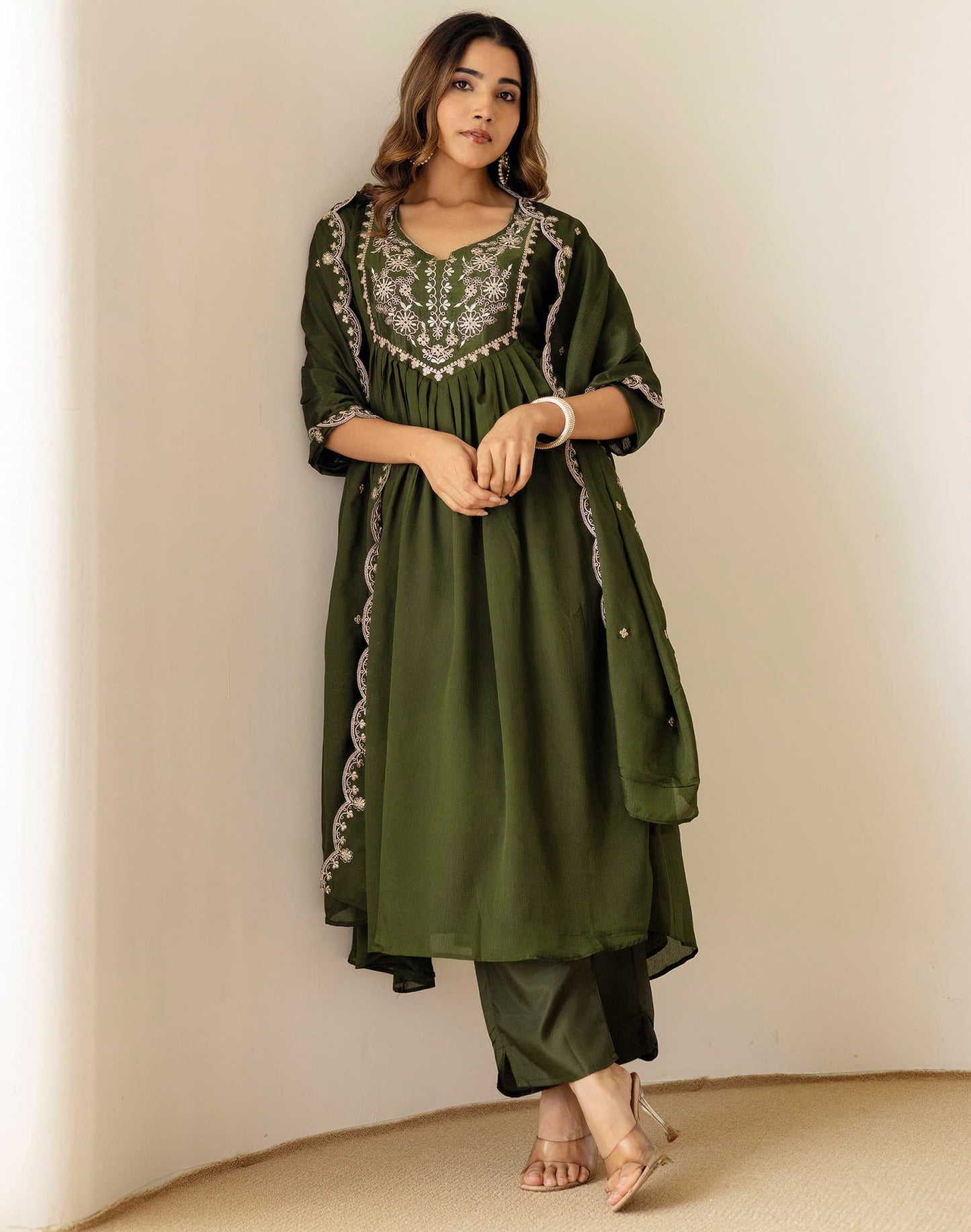 Green Silk Sequin Anarkali Kurta Set with Pant & Dupatta under 1299