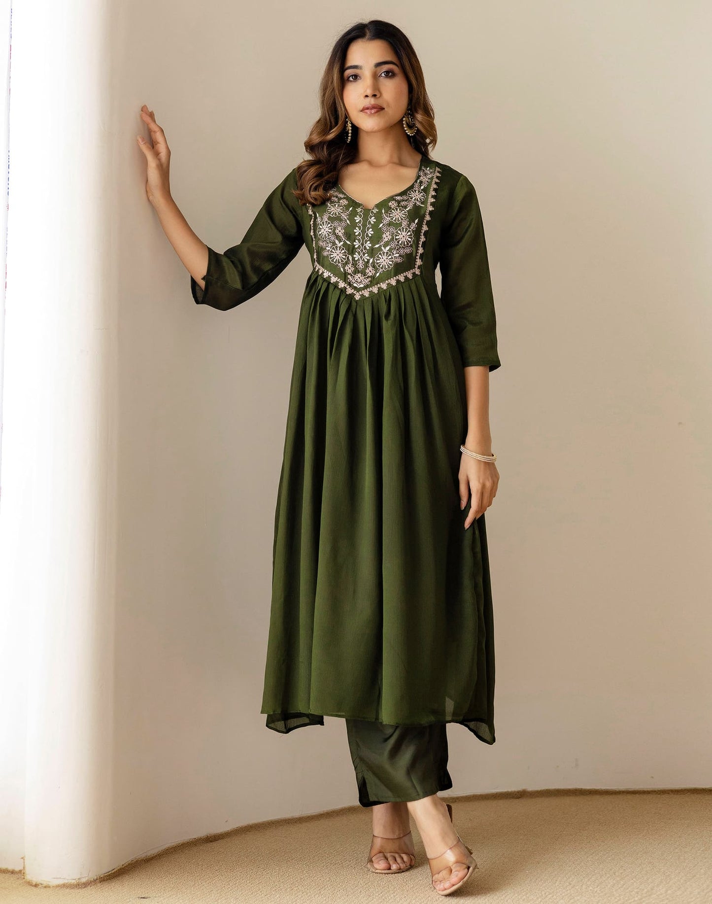 Green Silk Sequin Anarkali Kurta Set with Pant & Dupatta under 1299