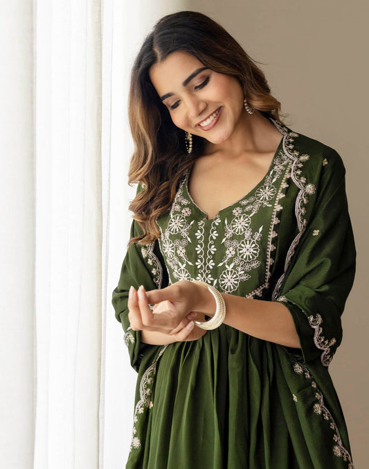 Green Silk Sequin Anarkali Kurta Set with Pant & Dupatta under 1299