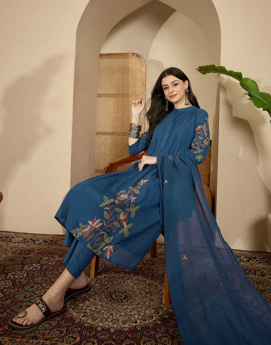 Cotton Straight Embroidery Mandarin Collar Kurta with Pant & Dupatta