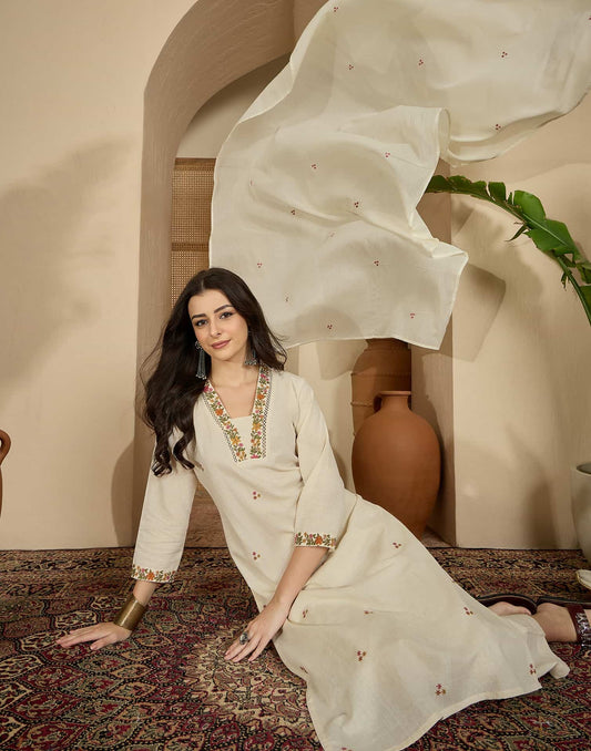 Cotton Flex Straight Embroidery Square Neck Kurta with Pant & Dupatta
