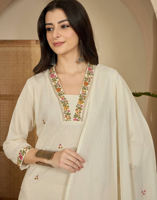 Cotton Flex Straight Embroidery Square Neck Kurta with Pant & Dupatta