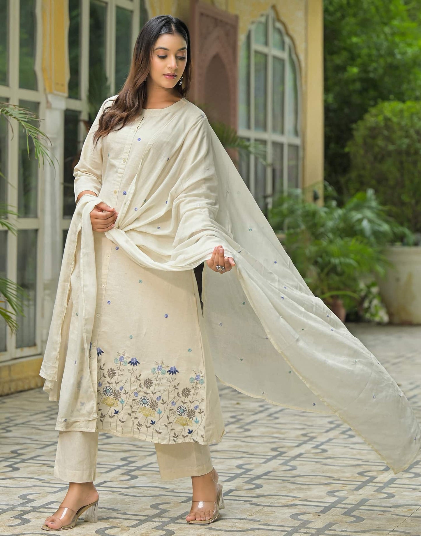 Beige Cotton Embroidered A-Line Kurta Set with Pant & Dupatta for Women Round Neck, Casual & Office Wear Under 1299
