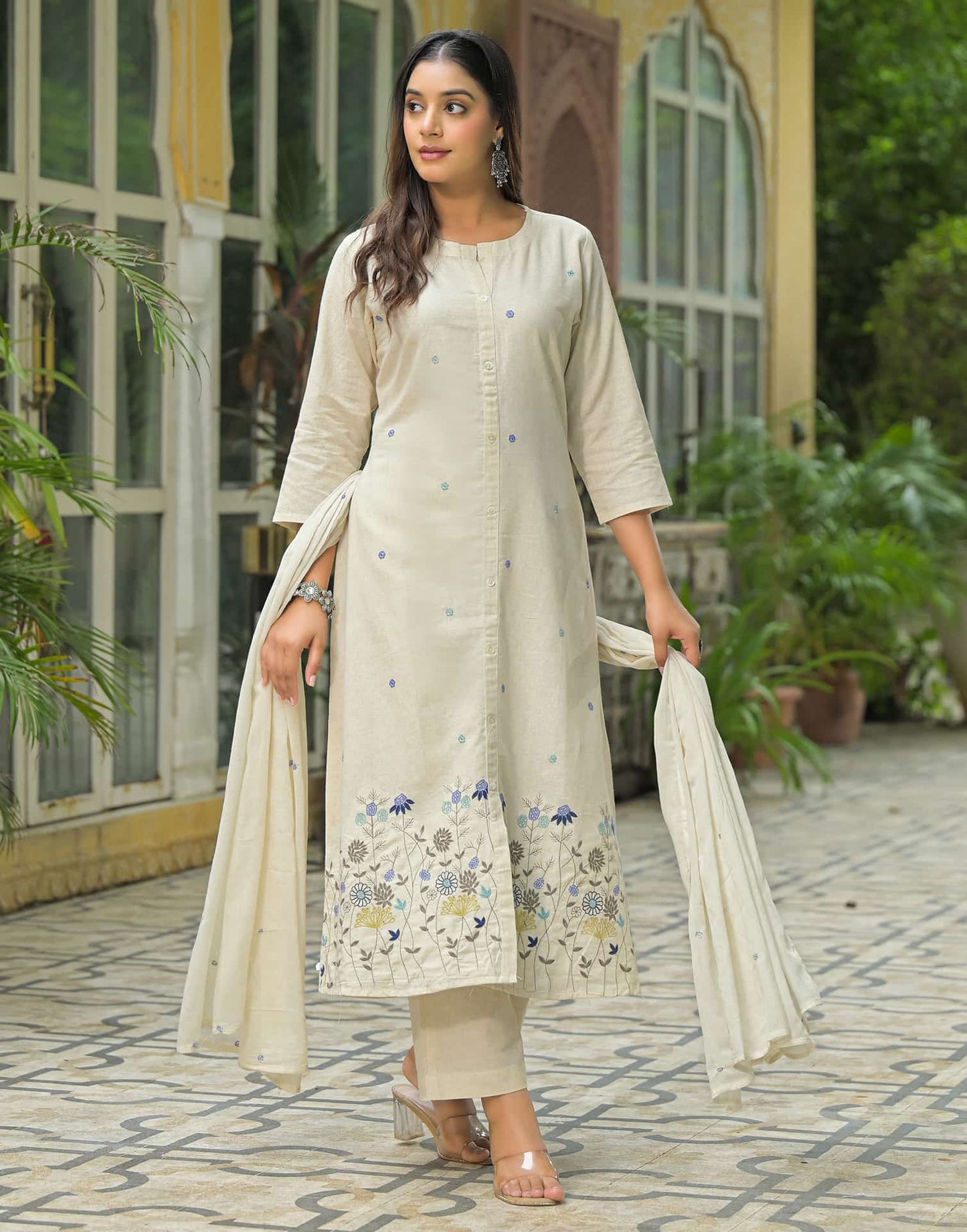 Beige Cotton Embroidered A-Line Kurta Set with Pant & Dupatta for Women Round Neck, Casual & Office Wear Under 1299