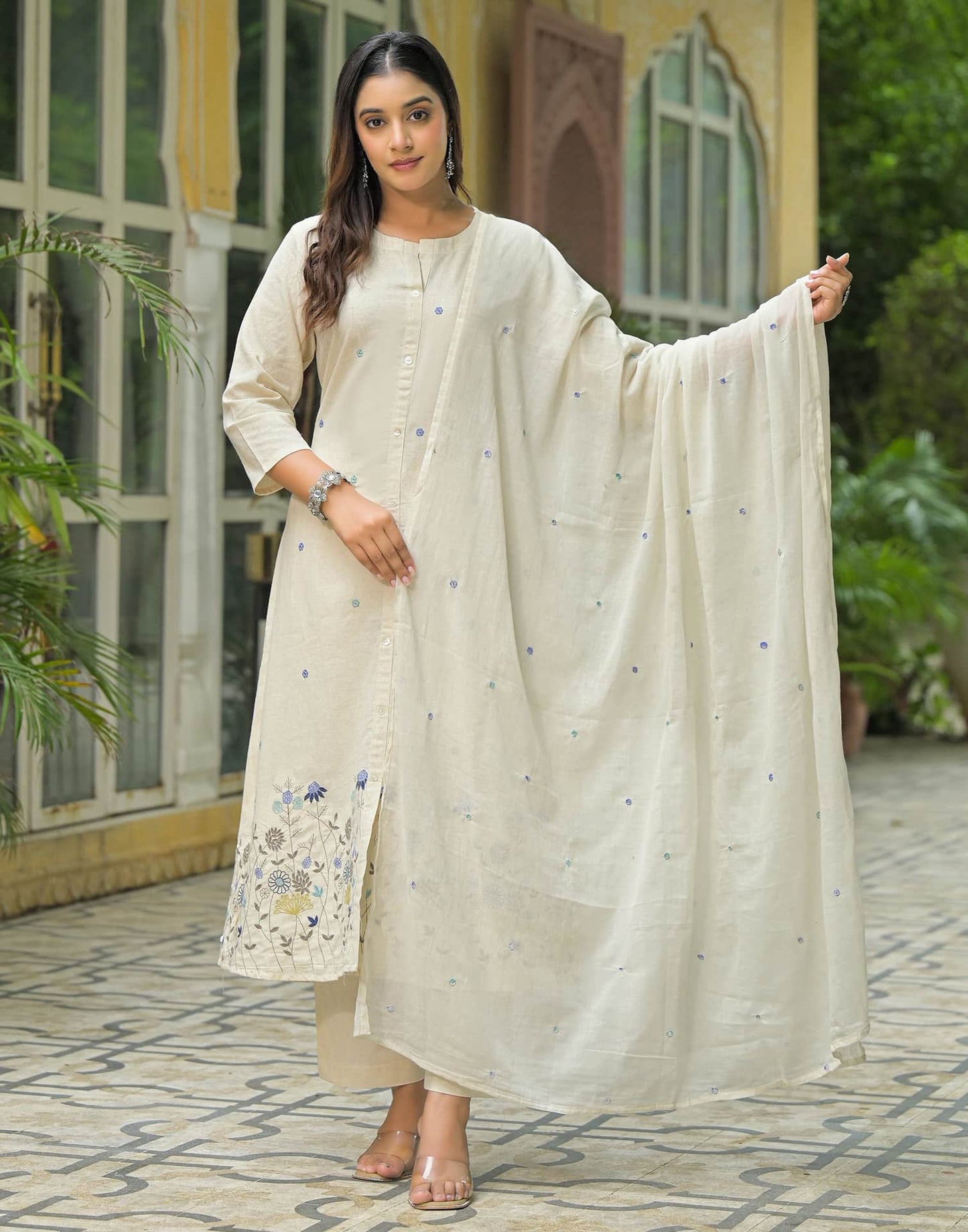 Beige Cotton Embroidered A-Line Kurta Set with Pant & Dupatta for Women Round Neck, Casual & Office Wear Under 1299
