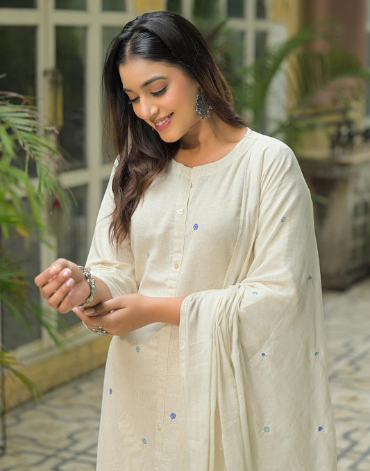 Beige Cotton Embroidered A-Line Kurta Set with Pant & Dupatta for Women Round Neck, Casual & Office Wear Under 1299