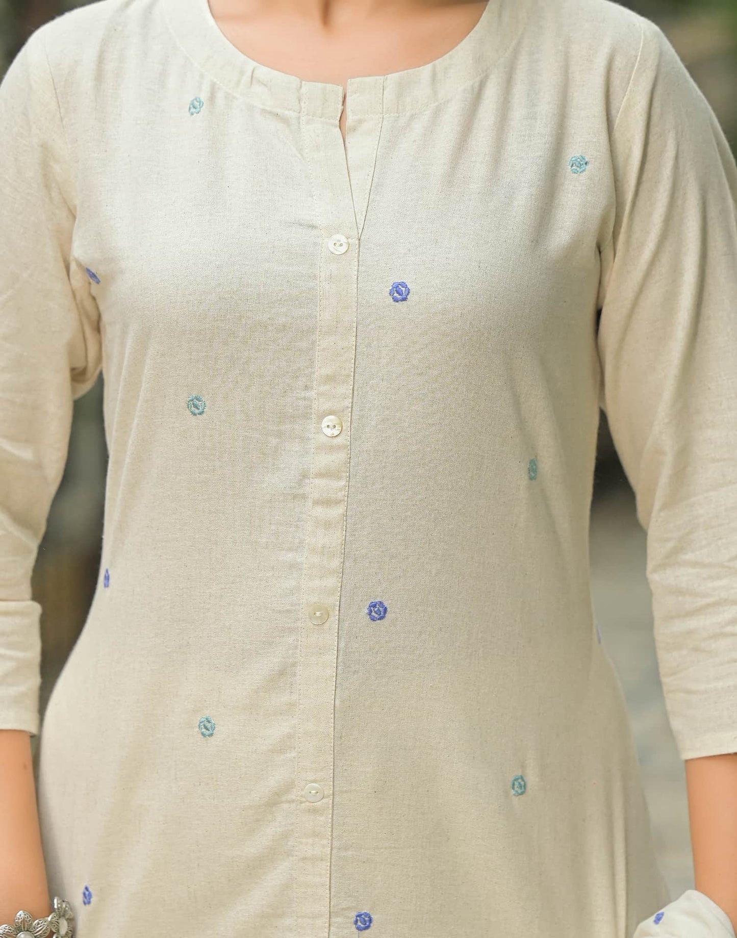 Beige Cotton Embroidered A-Line Kurta Set with Pant & Dupatta for Women Round Neck, Casual & Office Wear Under 1299
