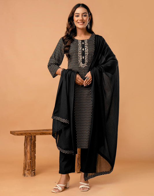 Black Cotton Printed Straight Kurta Set with Pant & Dupatta for Women Round Neck, Casual & Office Wear Under 1299