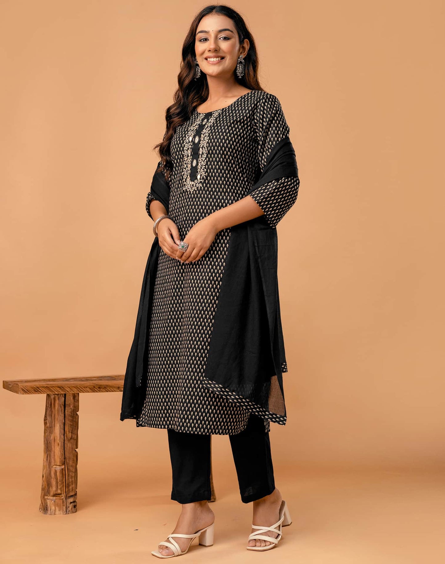 Black Cotton Printed Straight Kurta Set with Pant & Dupatta for Women Round Neck, Casual & Office Wear Under 1299