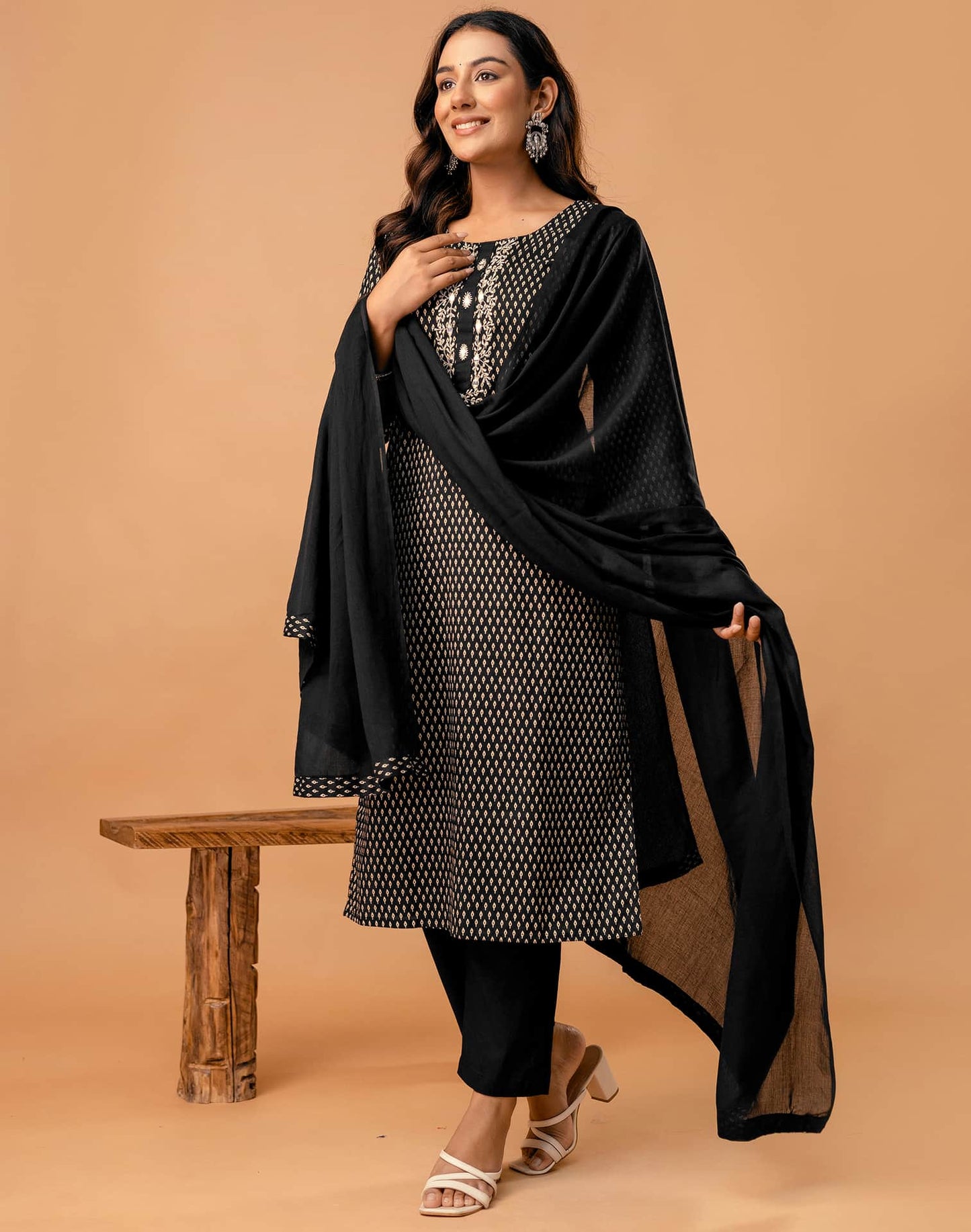 Black Cotton Printed Straight Kurta Set with Pant & Dupatta for Women Round Neck, Casual & Office Wear Under 1299