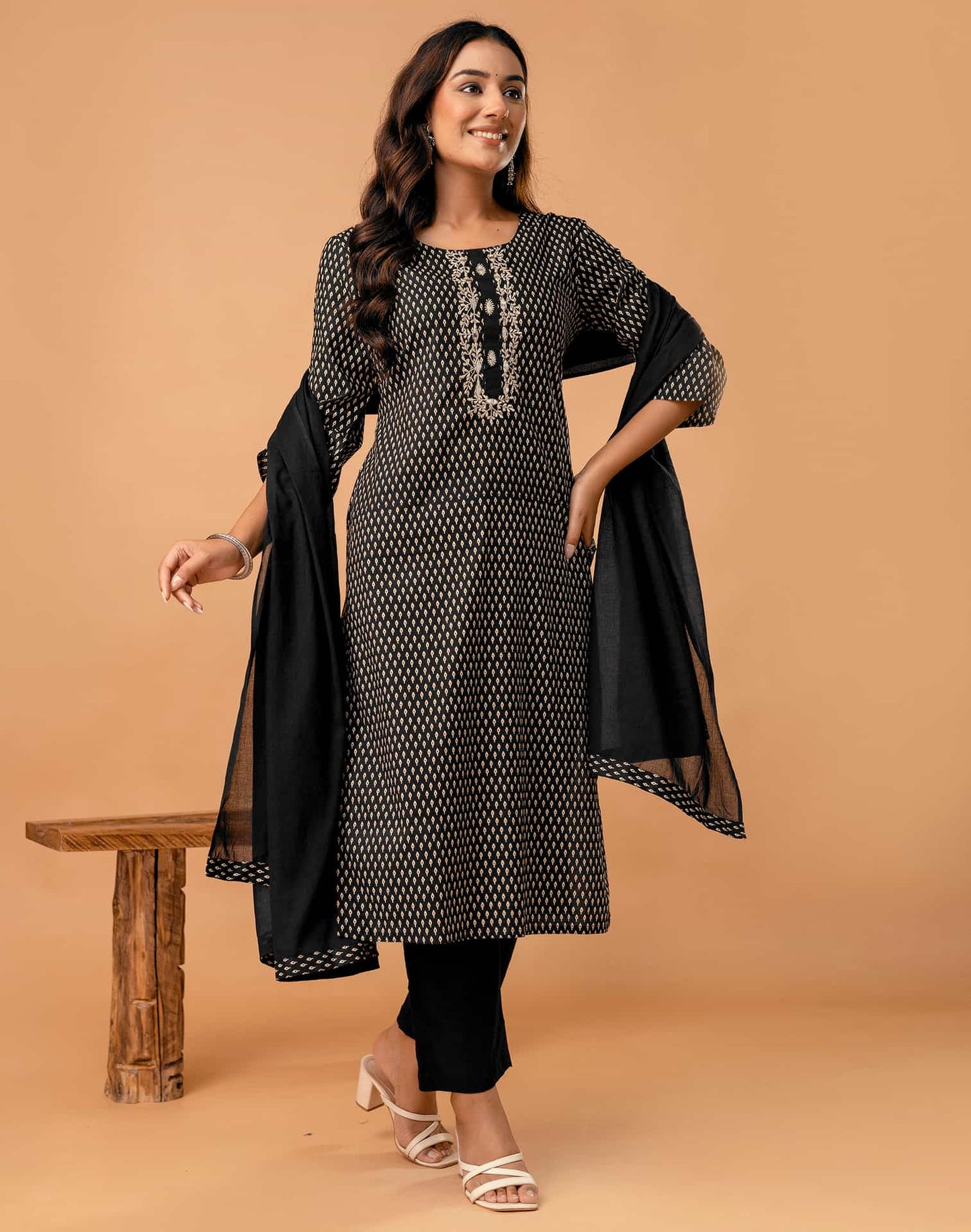 Black Cotton Printed Straight Kurta Set with Pant & Dupatta for Women Round Neck, Casual & Office Wear Under 1299