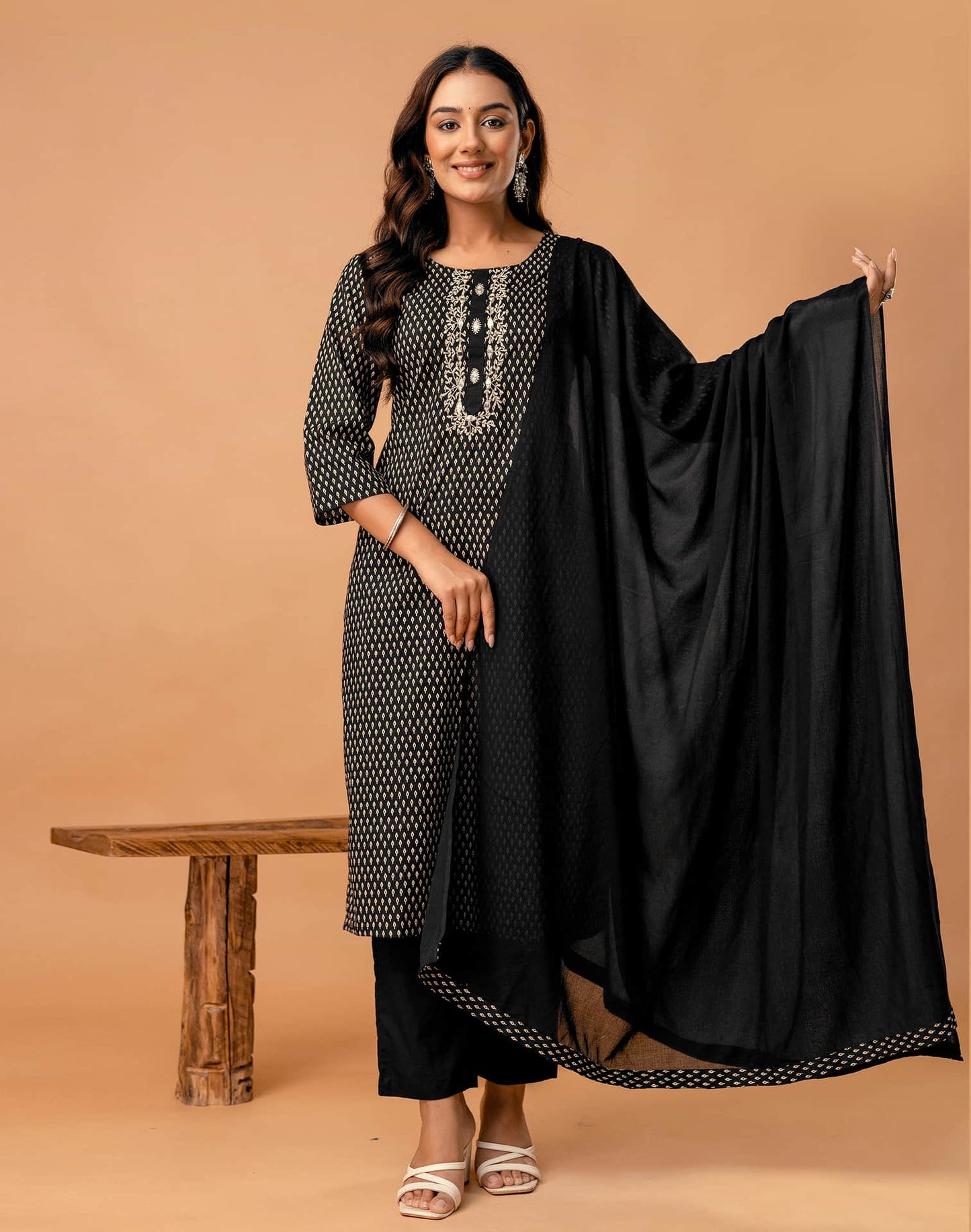 Black Cotton Printed Straight Kurta Set with Pant & Dupatta for Women Round Neck, Casual & Office Wear Under 1299