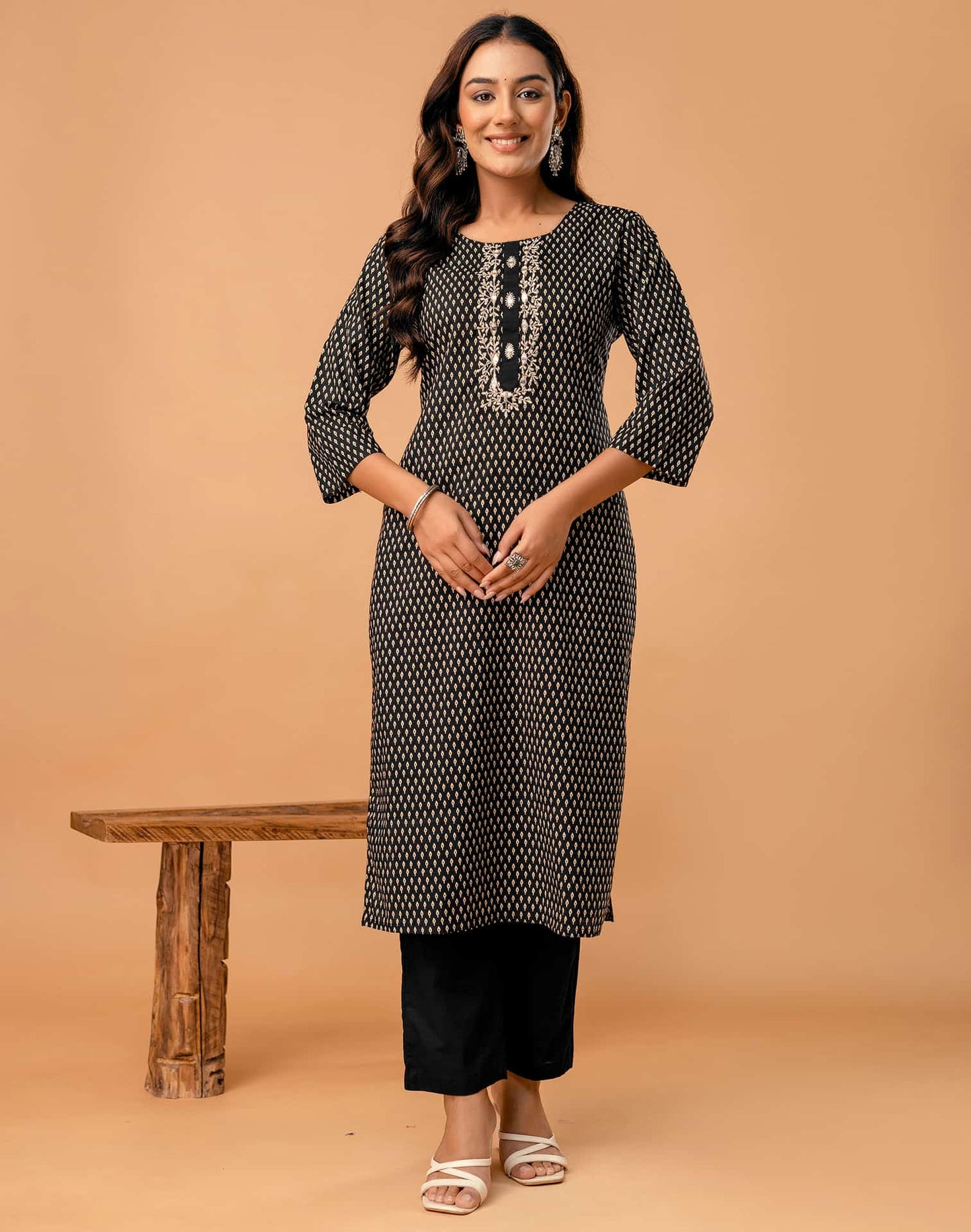 Black Cotton Printed Straight Kurta Set with Pant & Dupatta for Women Round Neck, Casual & Office Wear Under 1299