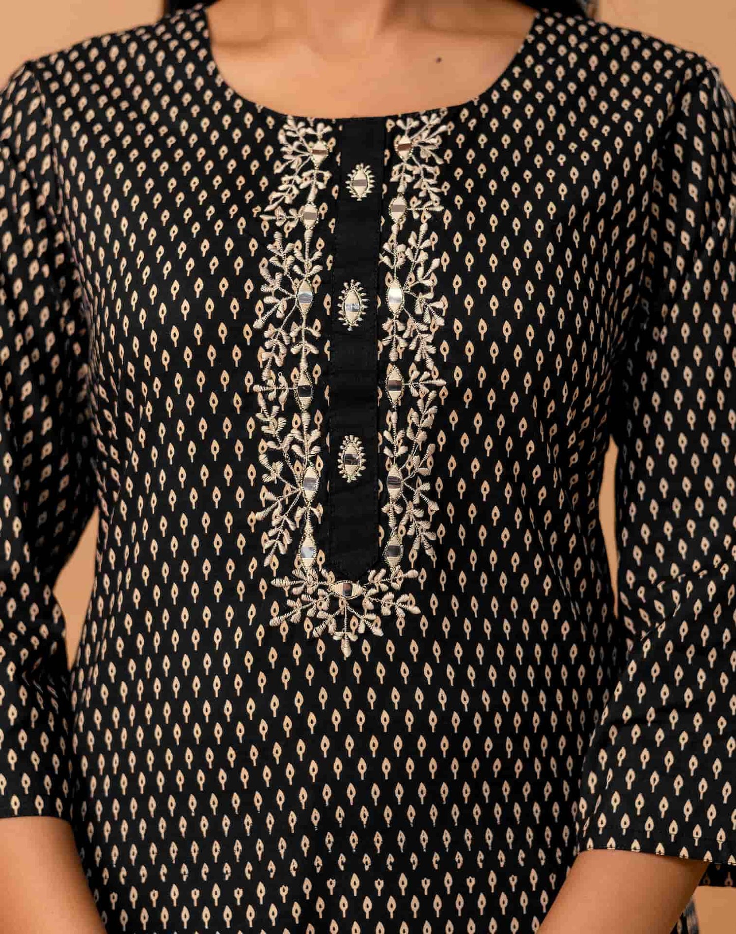 Black Cotton Printed Straight Kurta Set with Pant & Dupatta for Women Round Neck, Casual & Office Wear Under 1299